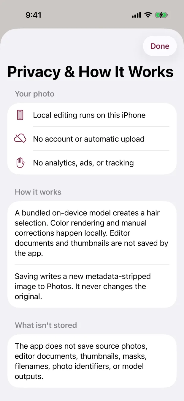 Privacy and How It Works screen in the iPhone app